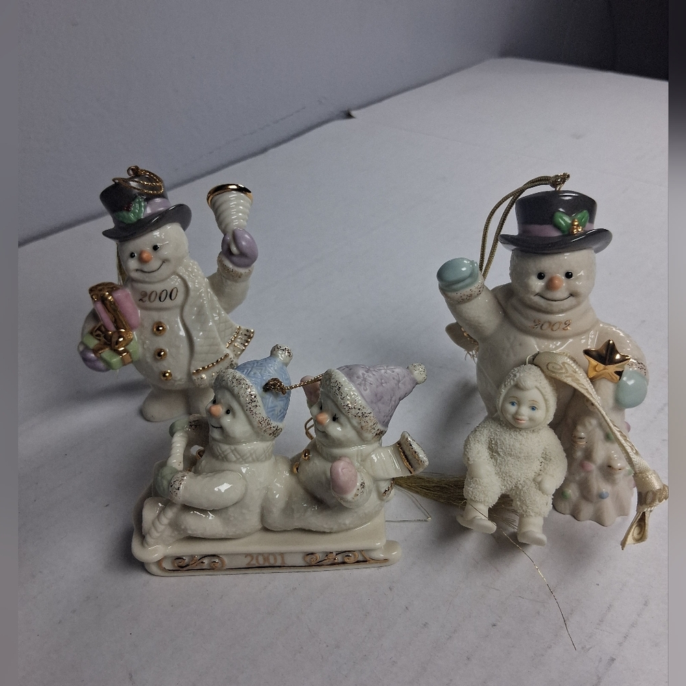 3 Vintage Lenox Snowman Christmas Ceramic Ornament & 1 Snow Baby